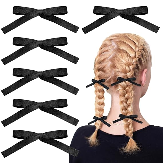 Bow Hair Clips for Women Girls, 6 Pcs Mini Bowknot Hair Barrettes for Kids, Black Small Ribbon Satin Hair Accessories, Alligator Clips