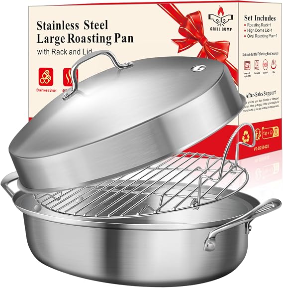 21 Inch Stainless Steel Roasting Pan with Rack and Lid For Turkey Chicken