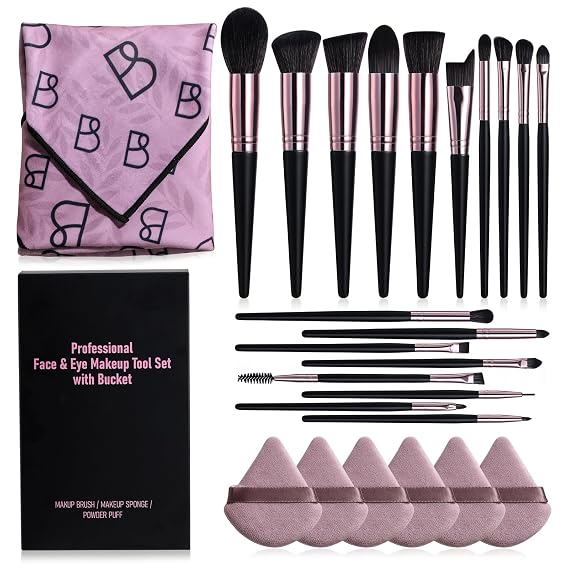BS-MALL Makeup Brushes Set 25 Pcs with Triangle Puff Travel-Friendly Magic Tape Storage Bag for Brush Organization