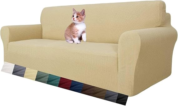 MAXIJIN Super Stretch Couch Cover for 3 Seater Couch, 1-Piece Universal Sofa Covers Living Room Jacquard Spandex Furniture Protector Dogs Pet Friendly Fitted Slipcover (3 Seater, Beige)