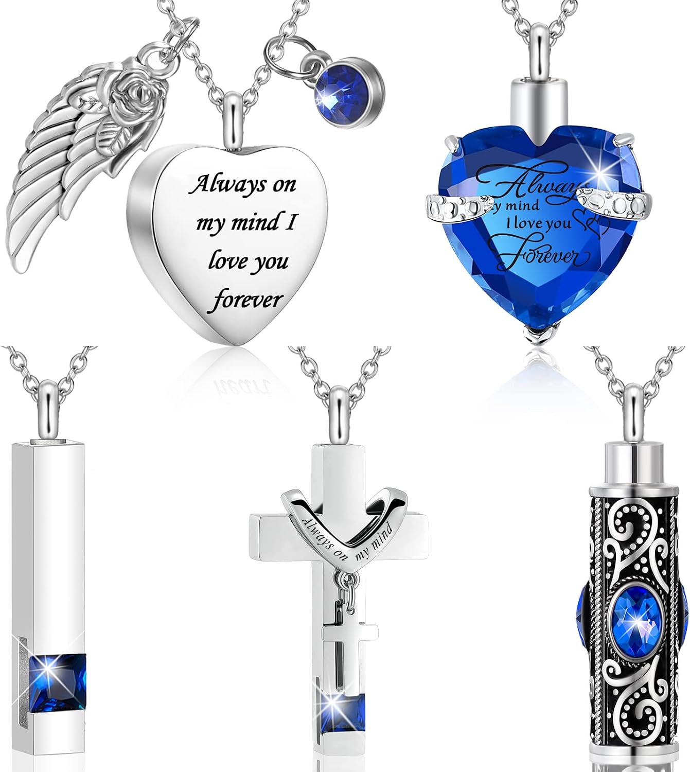 Fumete 5 Pcs Ashes Urn Necklace Keepsake Cremation Heart Cross Cubic Jewelry for Ashes Stainless Steel Memorial Locket Urn Keepsake Necklace for Women Men Loved Ones, 5 Styles