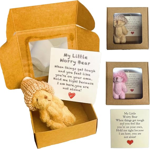2PCS Worry Bear Hug in a Box, Premium Soft Worry Bear for Comfort & Emotional Support, Stress Relief Gift for Women, Includes 2 Bears with Durable Kraft Boxes & Personalized Cards