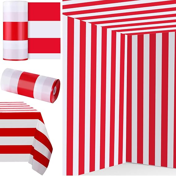 Ctosree Red and White Striped Tablecloth Roll 100 Ft Plastic Carnival