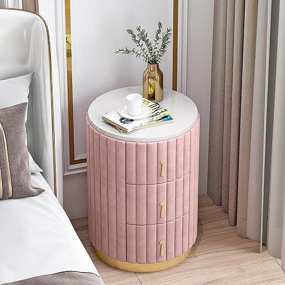 Modern Velvet Nightstand with 3 Drawers Round Bedside Tables, Upholstered End Table Multipurpose Bedside Cabinet Accent Table Bedside Storage Table for Bedroom,Pink