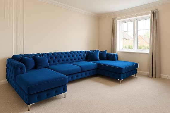 Sofaya Bella U Shaped Chesterfield Sofa Full Back Sectional Chaise Sofa with Deep Button Tufting – Upholstered Fabric Couch with Cushions - 6-Seater Sofa for Living Rooms (Blue, U Shaped Sofa)