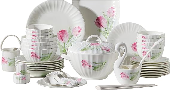 Top Porcelain China Dinnerware Set, Stoneware & Ceramic Dinnerware Sets, Ceramic Cookware Tableware Set Includes Dinner China Plates|Chinese Spoons|Pasta Bowls (62PCS * 10-person Set)