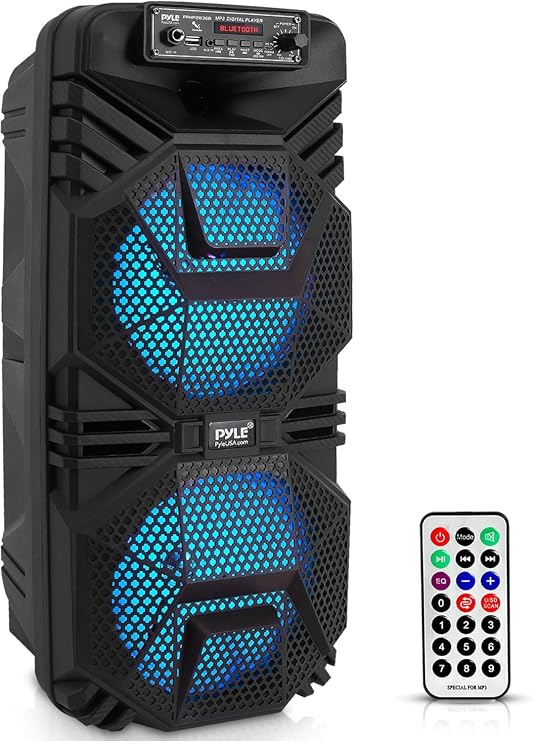 Pyle Portable Bluetooth PA Speaker System, 600W Rechargeable Outdoor Bluetooth Speaker Portable PA System with Dual 8 Subwoofer 1 Tweeter, Microphone in, Party Lights, USB, Radio, Remote