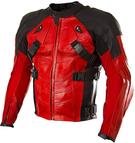 Men's Red Black Leather Biker Padded Jacket - Real Leather Armor Padding Protective Biker Racer Jacket