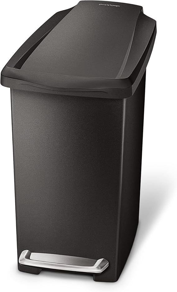 simplehuman 10 Liter / 2.6 Gallon Compact Slim Bathroom or Office Step Trash Can, Black Plastic
