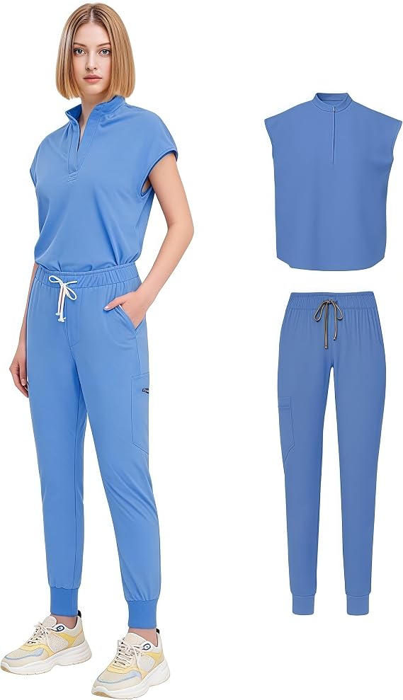 Scrubs for Women Set-Slim Fit Jogger Pant and Mandarin Collar Tuck-in Top,Unisex Easy Care Uniform Workwear