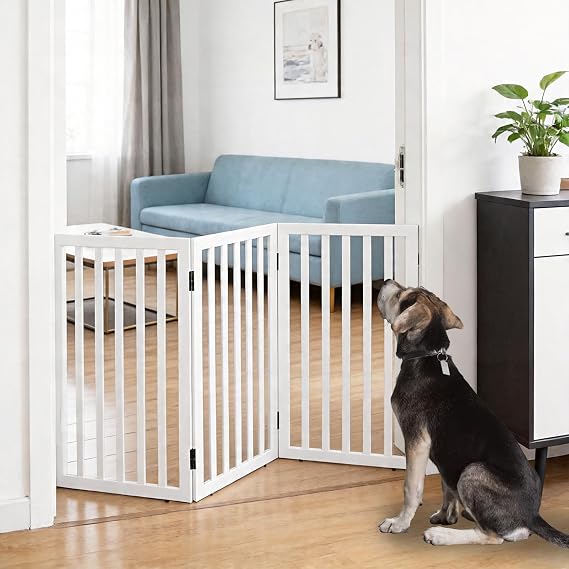 Freestanding Indoor Dog Fence for The House, Doorways, Hallways,or Stairs, Foldable Wooden White Dog Gate,Expandable Pet Gate 32" Height 3 Panels