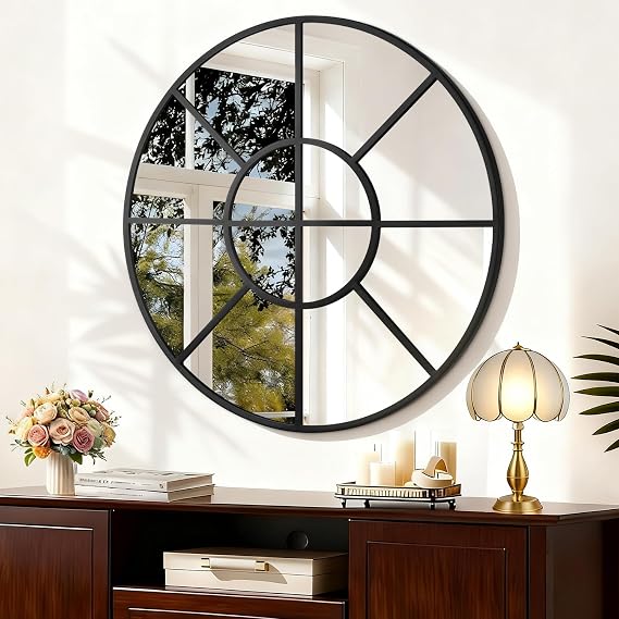 Round Wall Mounted Mirror, Circle Metal Framed Mirror Modern Artistic Decorative Mirrors for Living Room Bedroom Entryway 60 CM Decor