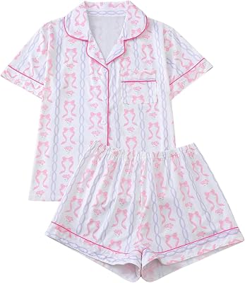 Womens Bow Pajamas Sets Short Sleeve Button Down Pajamas Y2k Preppy Cute PJ Set Sleepwear
