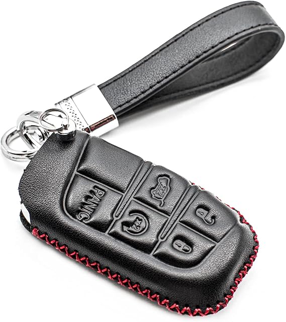 Fit for Dodge Durango Challenger Charger Hornet Jeep Compass Grand Cherokee WK Ram Promaster 1500 2500 3500 Chrysler 300 Genuine Leather Key Fob Cover (5-Button, Black/Red)