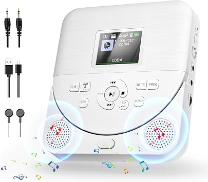 Bluetooth CD Player Portable for Home with Dual Speakers, FM Transmitter, Rechargeable Portable CD Player for Car Compact Player with Colorful TFT Screen