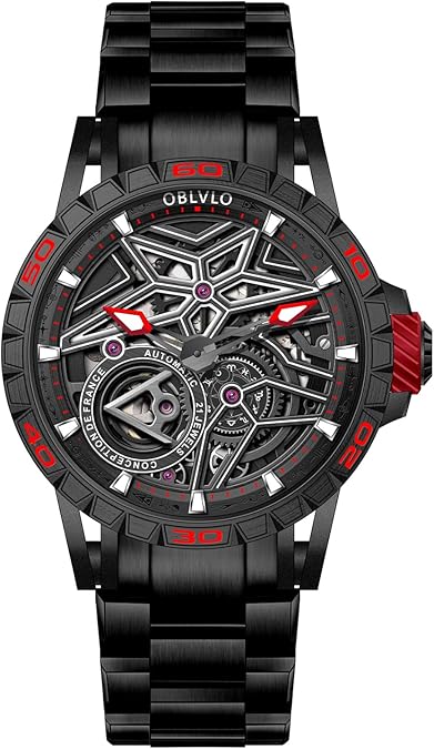 OBLVLO Luxury Automatic Watch, Skeleton Dial, Stainless Steel Band, Silver
