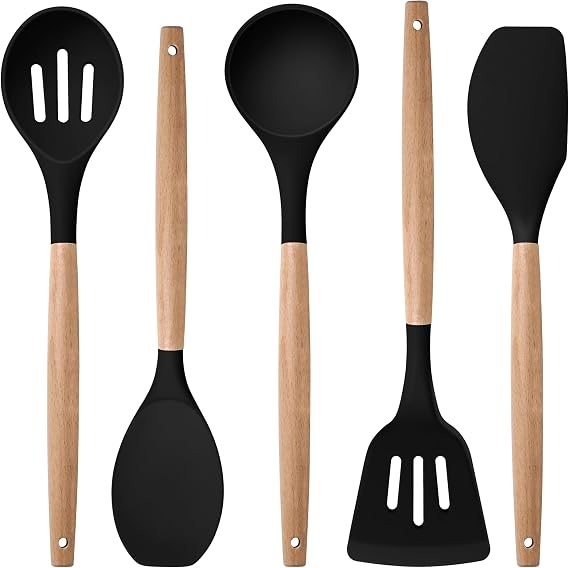 Herogo 5-Piece Cooking Utensils Set, Silicone Kitchen Utensils Set with Wooden Handle, Heat Resistant Cooking Tools Slotted Turner, Spoon, Soup Ladle, Spatula, Spoonula for Nonstick Cookware, Black