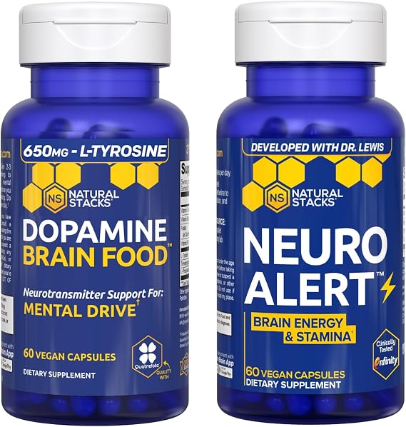 NATURAL STACKS NeuroAlert + Dopamine Brain Food Bundle - 200mg Paraxanthine & 650mg L-Tyrosine Supplement - Caffeine Free Supplement - Support for Brain Energy & Mental Drive* - 50 Total Servings