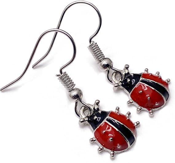 Ladybird Earrings, Red and Black Enamel Charm Bead Earrings on Nickel Free Silver Tone Hooks : 30mm long, Pretty Ladybug Jewellery, Gift for Women