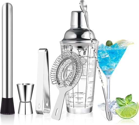 14oz Glass Cocktail Shaker Set, 6PCS Bartending Kit, Martini Mixer Shakers with Built-in Strainer, Professional Bar Tools for Bartender and Beginners