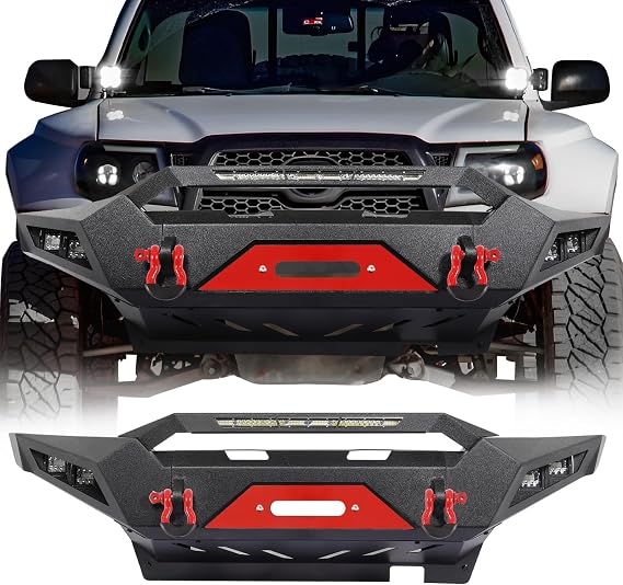 Tacoma Front Bumper Offroad Full Width Bumper Compatible with 2005-2015 Toyota Tacoma 2nd Gen Pickup Truck, Rock Crawler Bumper w/Winch Plate & 1x 156W LED Light Bar & 4 x LED Lights & 2 x D-Rings