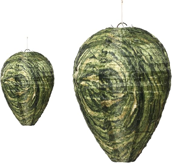 PESTEZE USA Green Camo Waterproof Hanging Wasp Nest Decoy Deterrent Outdoor Fake Hornet Hive Repellent for Wasps Yellow Jacket Control Patio Porch Deck Garden Durable Weatherproof for Home [2 Pack]