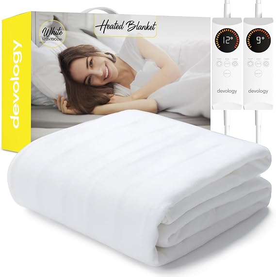 Electric Blanket - Fully Fitted Mattress Cover With Elastic Straps - Premium Fleece Easy Fit Heated Blanket - Detachable Dual Controllers & Machine Washable - Small Double - 120x190cm