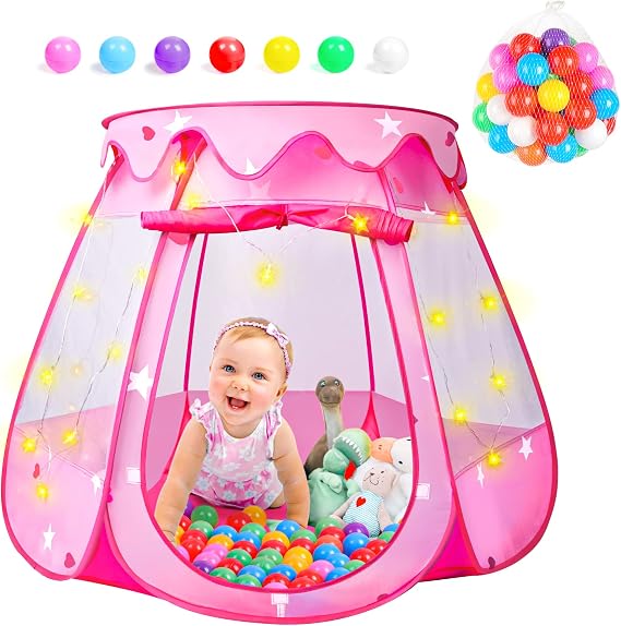 DISHIO Ball Pits with 50 Balls, Pop up Tents for Kids with Star Lights