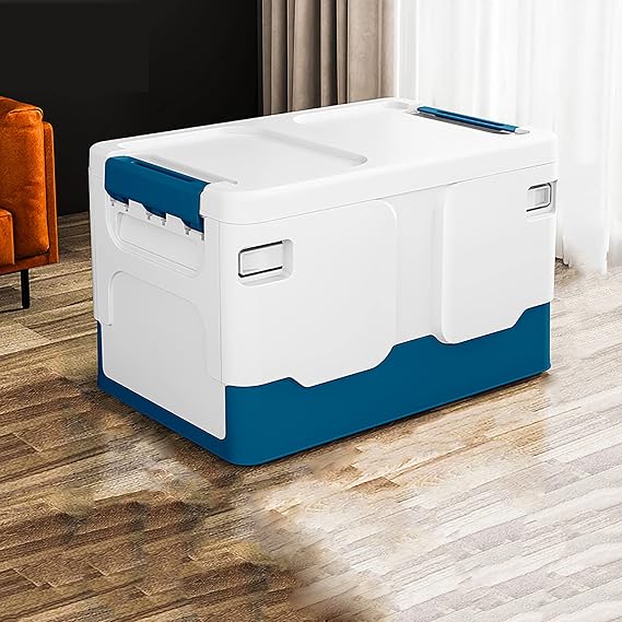 Collapsible Storage Bin with Lids,Plastic Folding Utility Crates Stackable Storage Box Bins Baskets with Buckles,Storage Cubes Containers Organizer for Closet Wardrobe Shelves-Blue 14l(15x9.8x9.8inch)