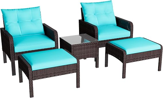 Outdoor 5 Pieces Patio Furniture Set, PE Rattan Wicker Chairs with Ottoman and Table, Bistro Set for Front Porch, Garden, Backyard, Balcony, Brown/Blue