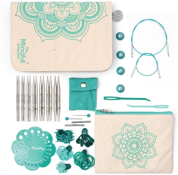 KnitPro The Mindful Collection The Kindness Set değiştirilebilir paslanmaz çelik iğneler 10 cm, mavi yeşil ve ekru, KP36311