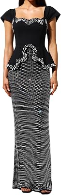 BELLA BARNETT Black Square Neck Short Sleeve Crystal Encrusted Peplum Pencil Dress Trimmed Mesh Maxi Bodycon Homecoming Dress