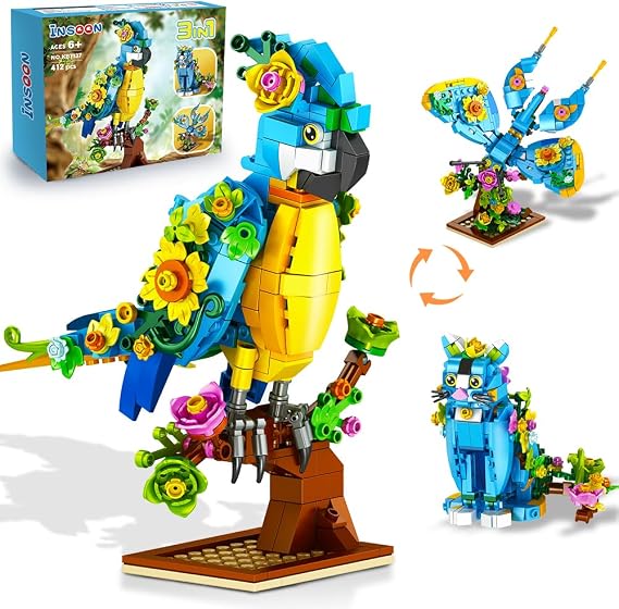 INSOON 3 in 1 Flower Cat Parrot Butterfly Building Set for Kids Ages 6-12+ | Animal Figures Building Toy for Home Decor, 412 PCS Building Block Easter Birthday Christmas Gift for Adults Kids Boys Girls