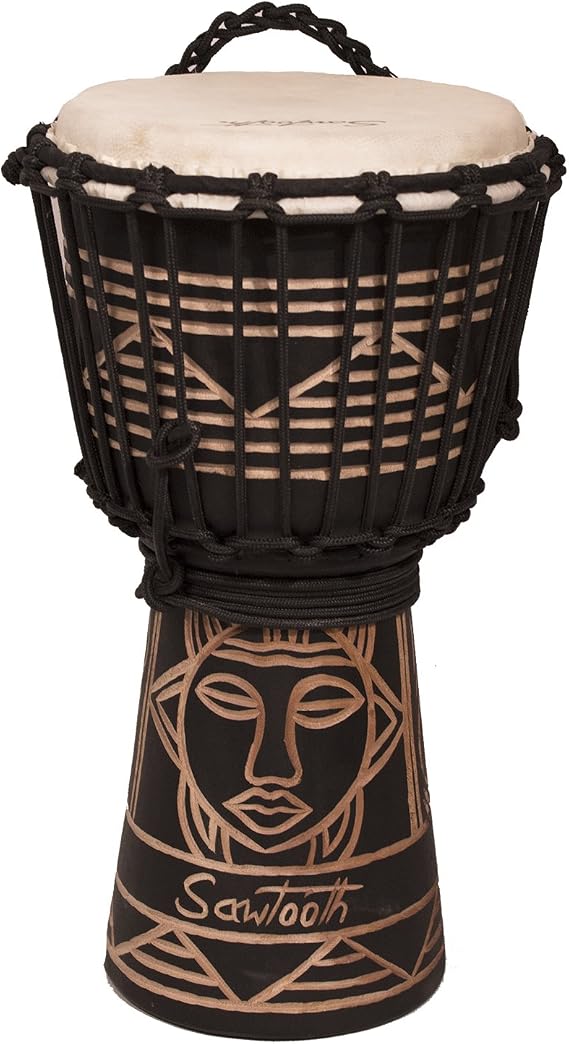 Sawtooth Harmony Series 8" Hand Carved Spirit Design Rope Djembe, Satin Black Finish