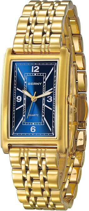 BERNY Rectangular Gold Watch for Men, Fashion Quartz Wristwatch