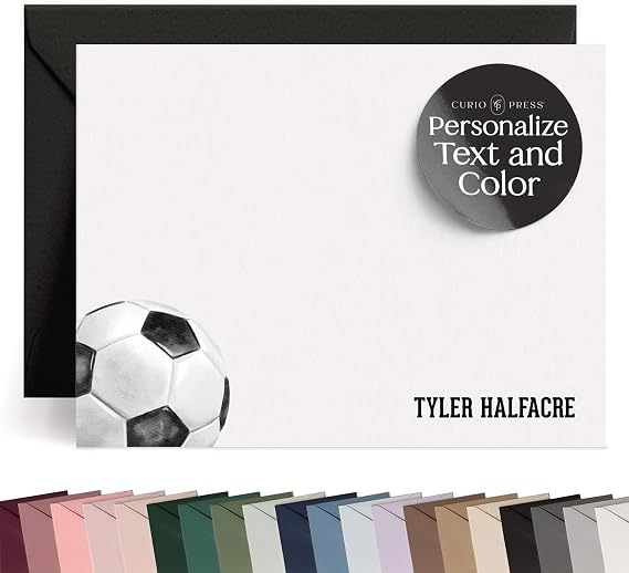 Curio Press Personalized Stationery for Men Custom Note Cards, Soccer Flat