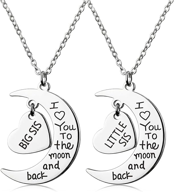 I Love You To Moon Back Engraved Heart Big Middle Little Sister Necklace