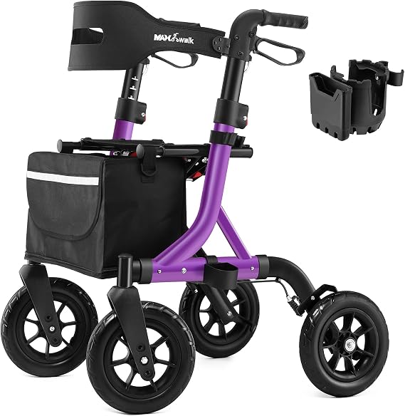 Rollator Walker for Seniors, Foldable All Terrain Rolling Walker with seat, Aluminum Walkers with 10 inch Rubber Wheels, Adjustable Handles and Backrest for Seniors Purple