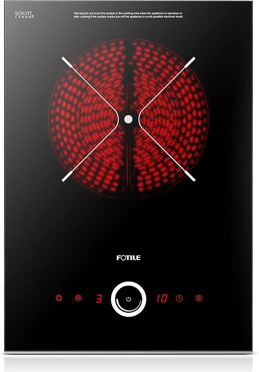 FOTILE EEG30101 12" Built-in Electric Smoothtop Style Cooktop Stovetop with 9 Heating Levels, Overheat Protection, Child Lock and SCHOTT Ceramic Glass, 2400W, 240V, Single Burner, Black