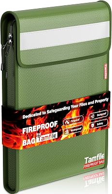 6400F Fireproof Document Bag with Zipper, 15x 11 Waterproof Fireproof Money Bag with 2 Pockets, Safe Important Document Organizer for A4 A5 Legal Letter Size, Valuables, Legal Documents Green