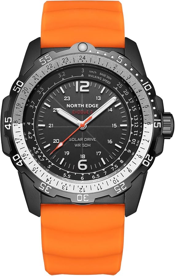 NORTH EDGE Solar Powered Watch for Men 46mm Tactical Outdoor Watch, 50M Waterproof Military Sports Watch, Stainless Steel Case Analog Wrist Watch with Silicone Strap (EVOQUE2-Orange)