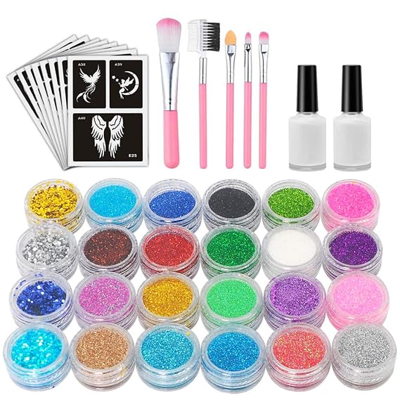 Glitter Tattoo Kit, Temporary Tattoos set, Body Art Paint Birthday Party for Girls Kids Teenager Adult, With 24 Colour Glitter Perfect For Christmas Gifts.