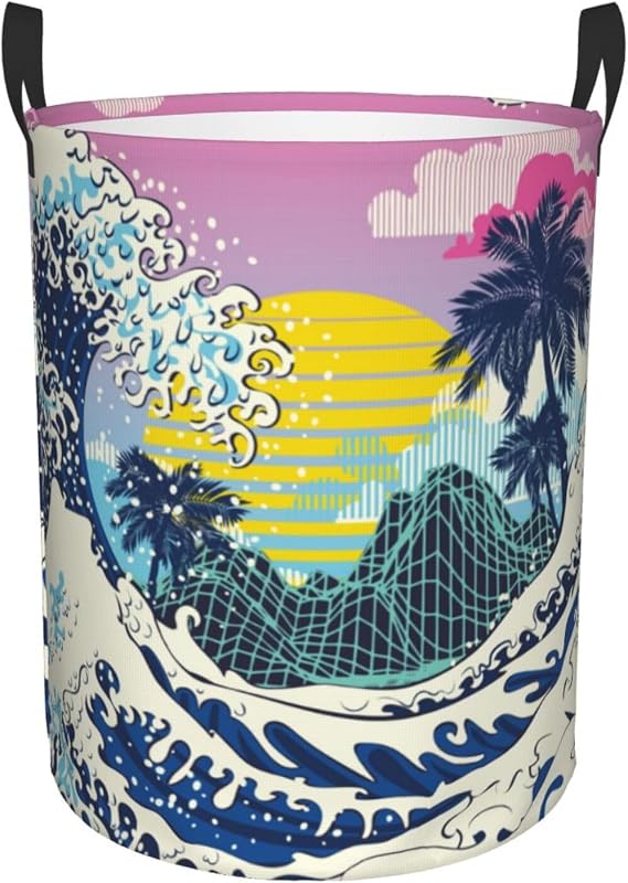 Retro Great Waves and Palms Laundry Basket Waterproof Oxford Cloth Organizer Basket Collapsible Clothes Hamper with Handle Toy Gift Bin Baskets