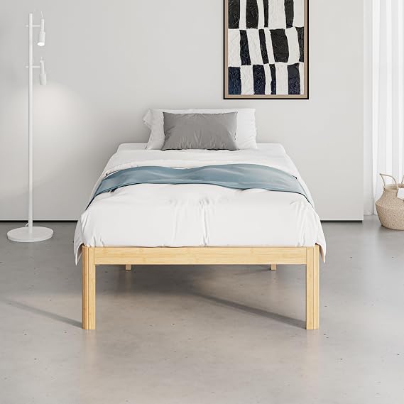 Bamboo Wood Single Bed Frame, Platform Bed Frame Single with Metal Slats Support, Easy to Install, Noise Free, Sturdy, 44 cm High
