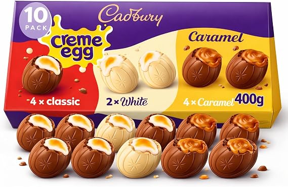 Cadbury Crème Egg Easter Assortment 10 Pack, Includes 4 x Crème Eggs, 2 x White Chocolate & 4 x Caramel, Milk Chocolate Filled Creamy Filling Chocolate Creme Eggs Perfect For Eggs Hunt School