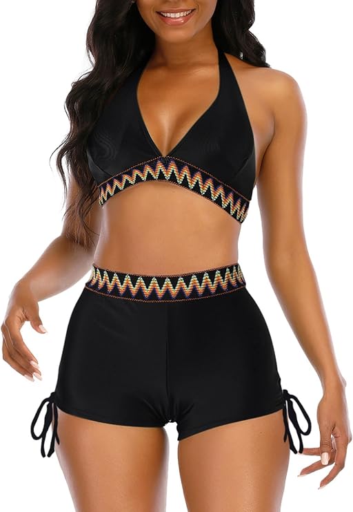 Womens Swimsuits Boy Shorts Bathing Suits Triangle Top Halter Bikini Set