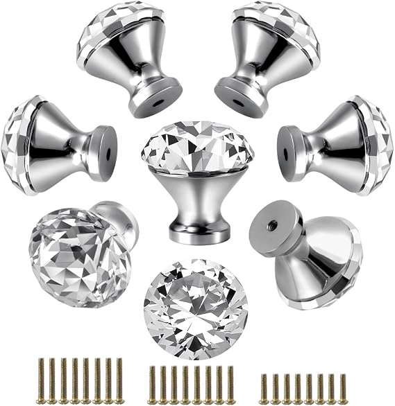 30mm Kitchen Cabinet Knobs Drawer Pull Handle Hardware, Crystal Clear Glass Round Diamond Shape Dresser Closet Bi-fold Door Bathroom Cupboard Desk Nightstand Bookcase Furniture Drawer Knob Set (8 PCS)