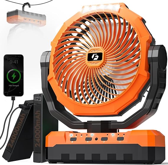 48000mAh Camping Fan, Detachable Battery Powered Portable Fan Rechargeable | 127Hours, 4 Speeds, Timer Function, Light & Hook, Battery Operated Fan for Outdoor, Tent, Fishing, Travel, Hurricane, Jobsite