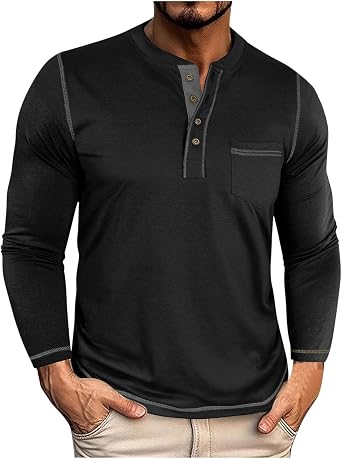Henley Shirts for Men Long Sleeve Cotton Raglan Casual Lightweight Fashion T-Shirt Classic Breathable with Chest Pocket