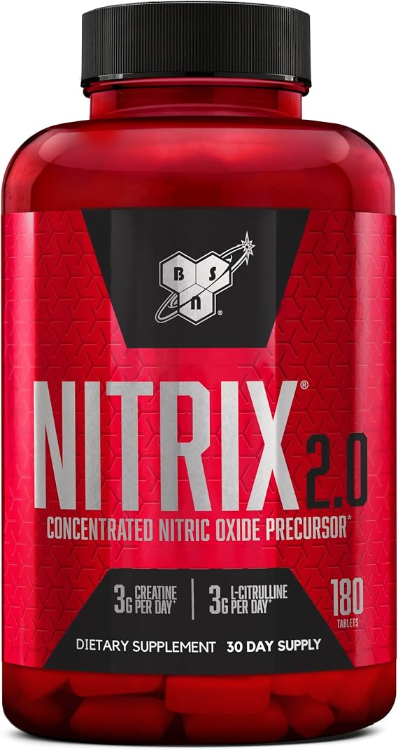 BSN Nitrix 2.0 Nitric Oxide Workout Supplement, 180 Tablets | Supports Pumps, Performance and Muscle Recovery with 3g Creatine and 3g L-Citrulline Nitric Oxide Formula